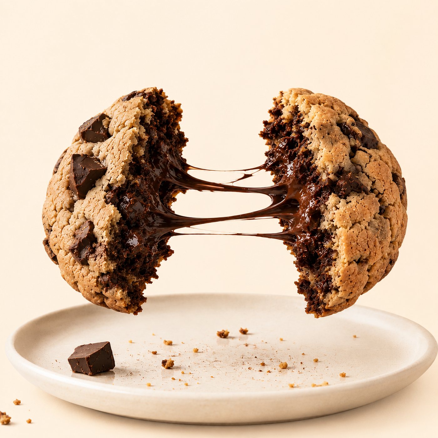A Chuffed cookie pulled apart above a plate, melted chocolate stretching between the halves